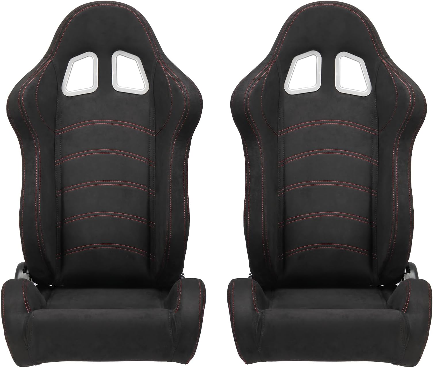AutoForever 2Pcs Black Suede Leather Reclinable Racing Seat Double Red Stitch with Adjustable Slide