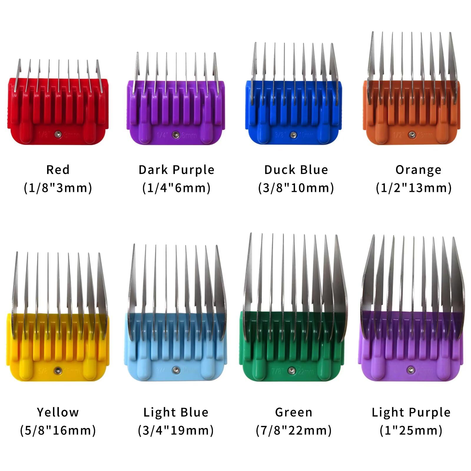 USonline911 8 Color Stainless Steel Guide Combs 3/6/10/13/16/19/22/25mm Set Fit for Oster’s,for Wahl’s and for Andis’ Detachable-Style Clippers