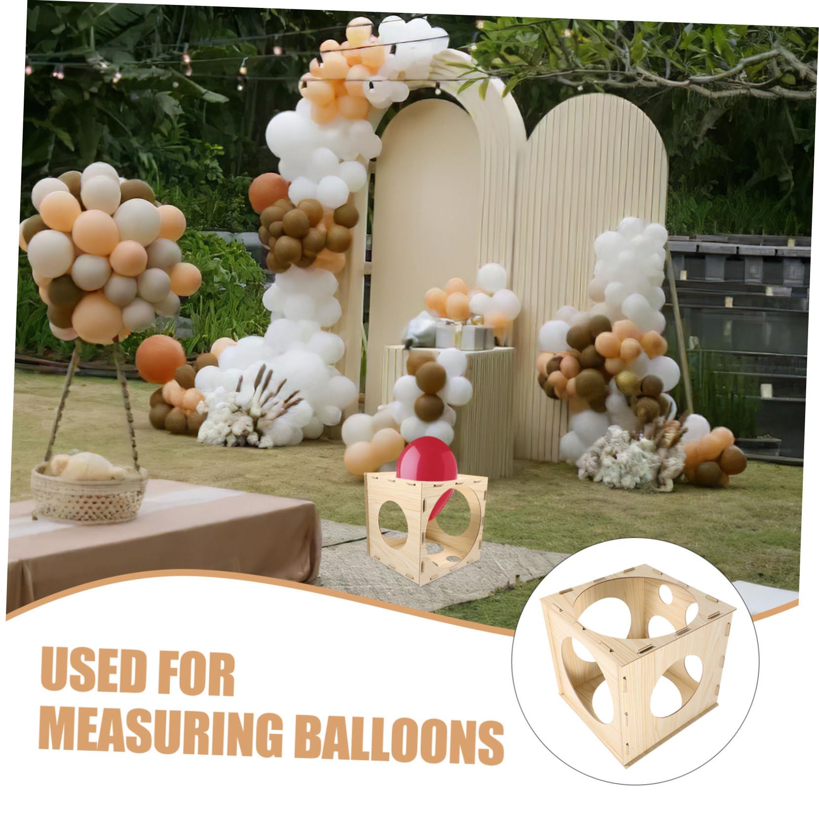 BESTonZON Holz Ballongrößen Messwürfel mit 9 Löchern Einfach Zusammenbaubar Messwerkzeug für Luftballons bei Geburtstagsfeiern und Hochzeiten Beige