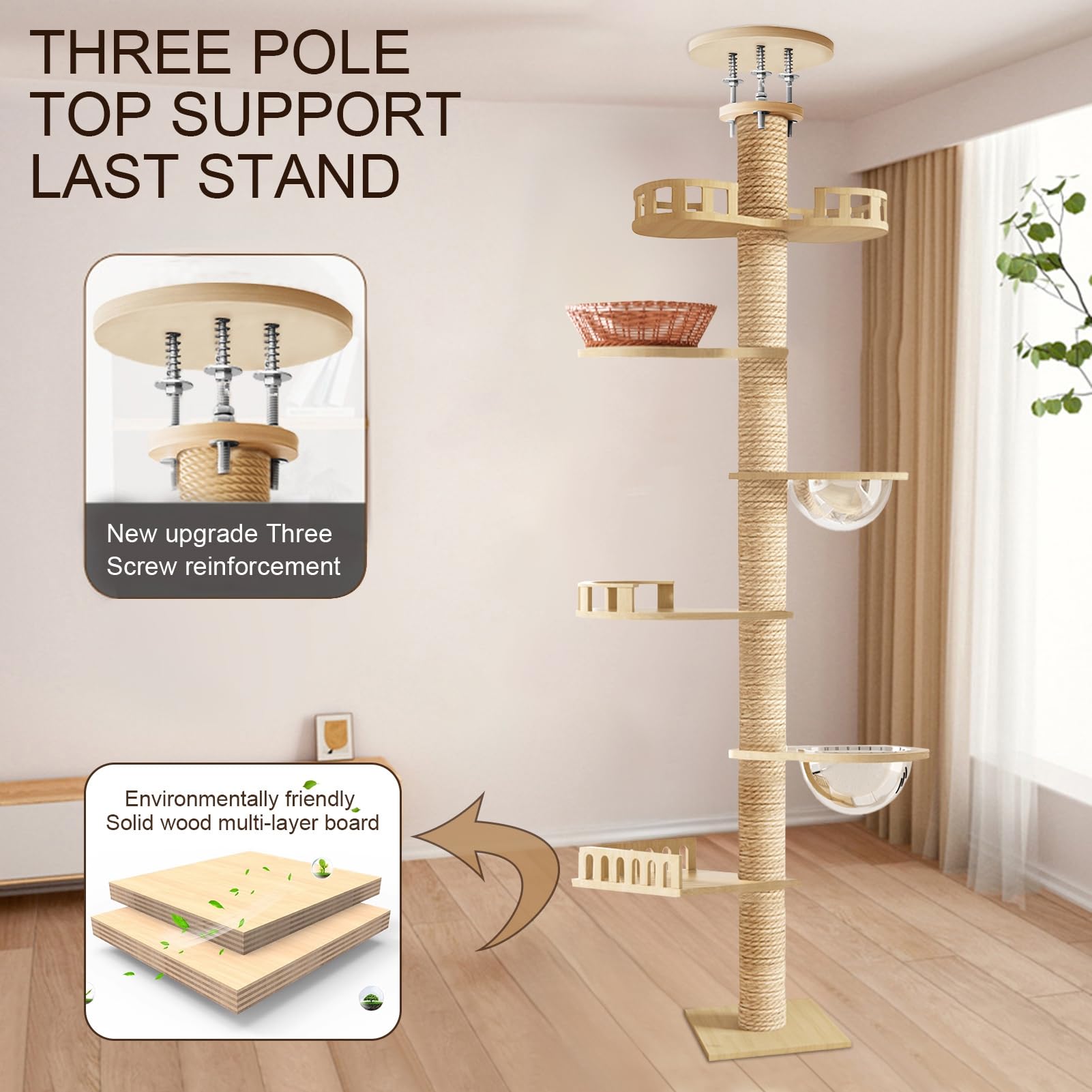 Árbol para gatos, suelo hasta techo, altura ajustable, poste rascador de cáñamo de 6 niveles, árbol de actividad para gatos alto y estable, rascador de gato interior según peso 20-30 kg, 2-3 gatos
