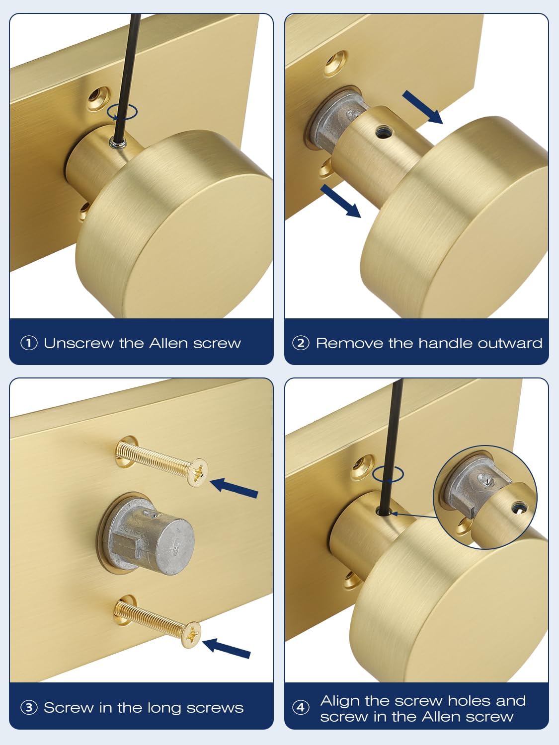 EHOMEWARE Brushed Gold Door Knobs, 3 Pack Closet Door Knobs Interior, Non Locking Passage Door Handle, Keyless Hall Door Knobs, Fit for Left/Right Sided Doors, Modern Rectangular Design