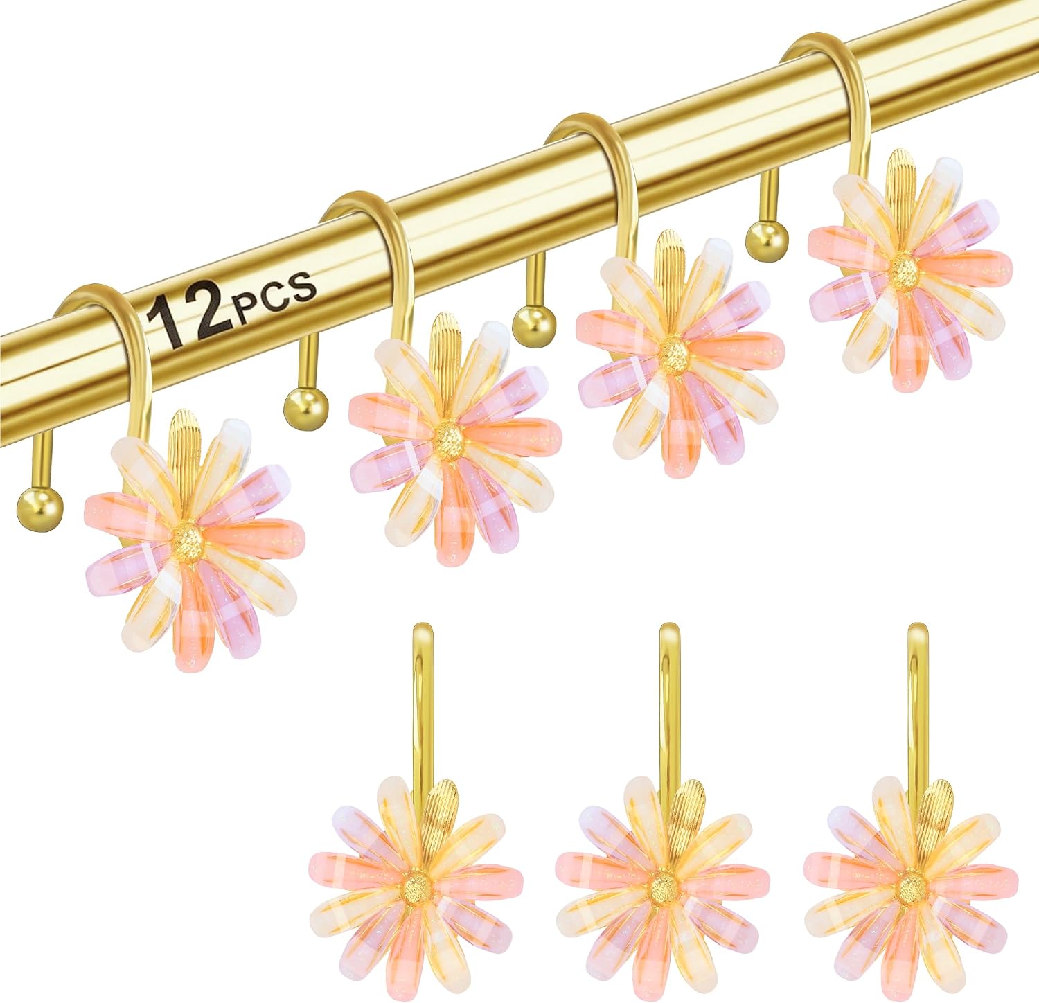 Shower Curtain Hooks, Set of 12,Heavy Duty Rust Resistant Metal Decorative Shower Rings Hangers with Cute Daisy Design for Bathroom Curtains(Gold Multicolor)