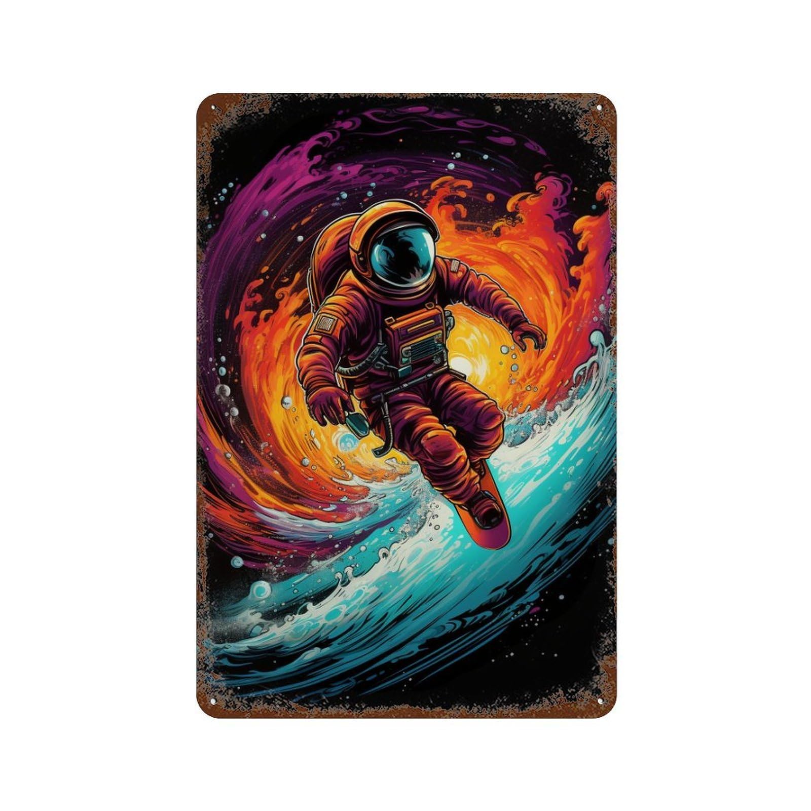 Astronaut Surfing Cosmic Wave 11.8"x7.9" Distressed Metal Wall Sign, Retro Wall Decor for Garage, Bar And Workshop Decor