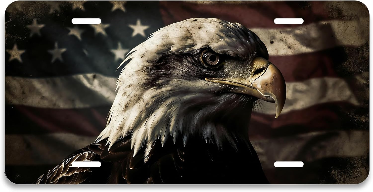 Front License Plate 6x12 Inches American Flag and Bald Eagle | Aluminum Metal Decorative Vanity Tag, 6x12 Inches 4 Holes Car Decor Accessory for Men & Women