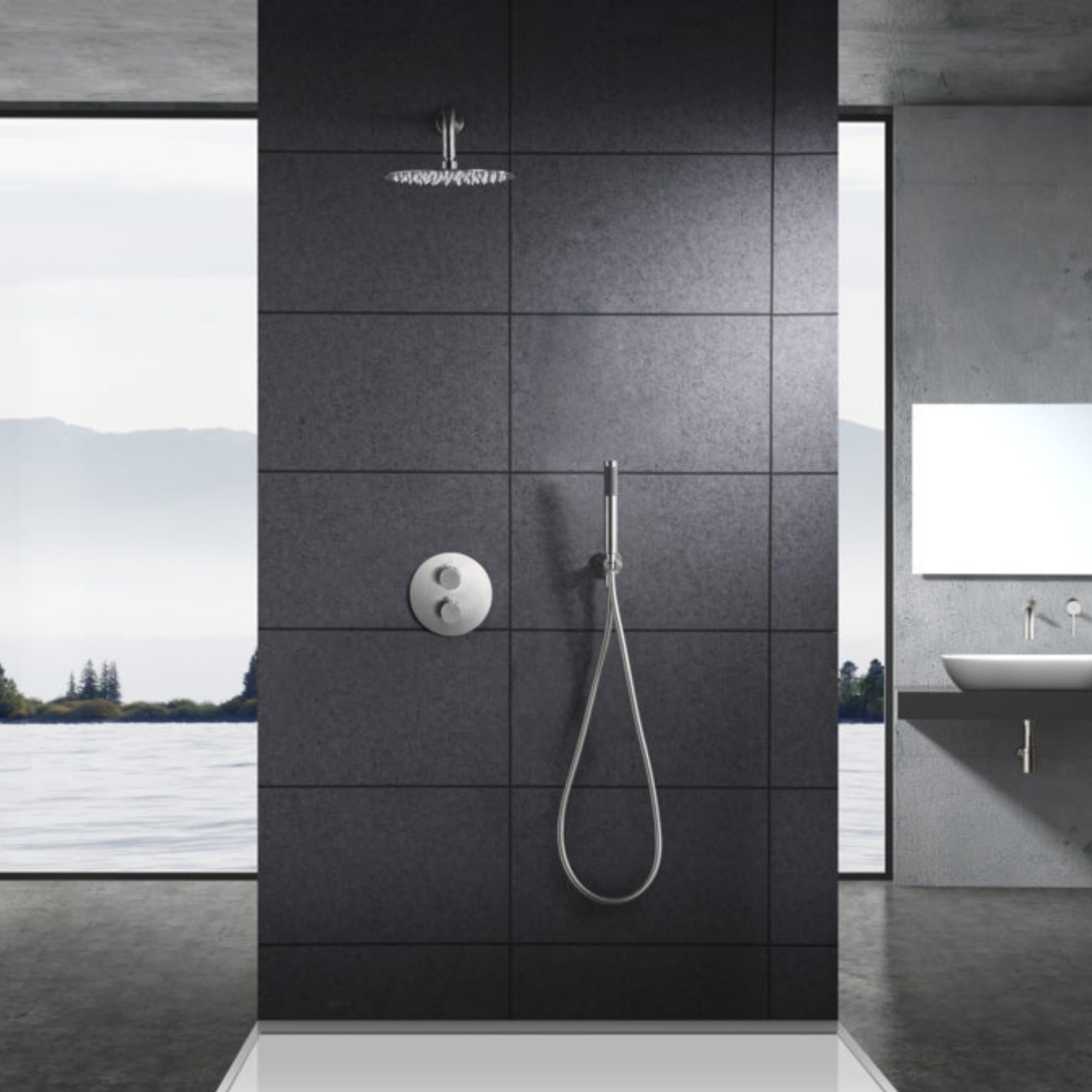 IMEX - Doccia Esterna a Parete Acciaio Inox | Doccia da Giardino a Incasso Esterna a Parete in Acciaio S.316 | Set Termostatico con Acqua Fredda e Calda per Piscina con Soffione | Serie Mosca