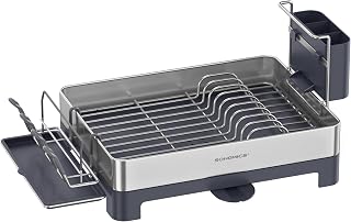 Songmics KCS030E01V1 Dish Rack, Stainless Steel Drying Rack, Swivel Drain Spout Collection Tray, Cup Holder, Fingerprint Proof for Kitchen, 31.8 x 57.2 cm, Silver Grey