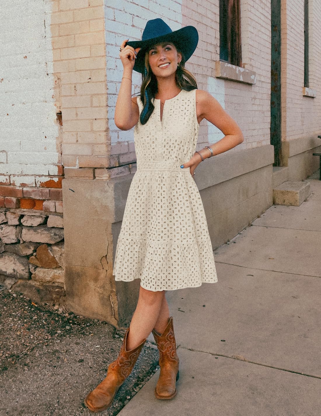 ZESICA Women's Summer Sleeveless Mini Dresses 2026 V Neck Hollow Out Eyelet Flowy A Line Beach Vacation Party Sundress - Image 5