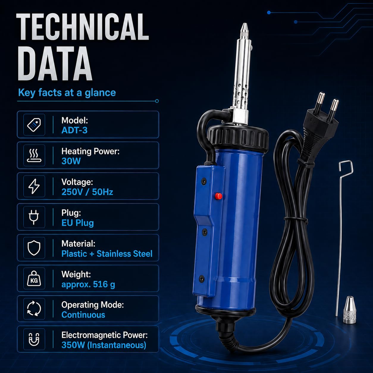 Pistola de Bomba Desoldadora, 30W ADT-3 Bomba Desoldador Ventosa Soldadura por Vacío Eléctrica Completamente Automáticapara para Desoldadura de Agujero Pasante, Enchufe Europeo 250V