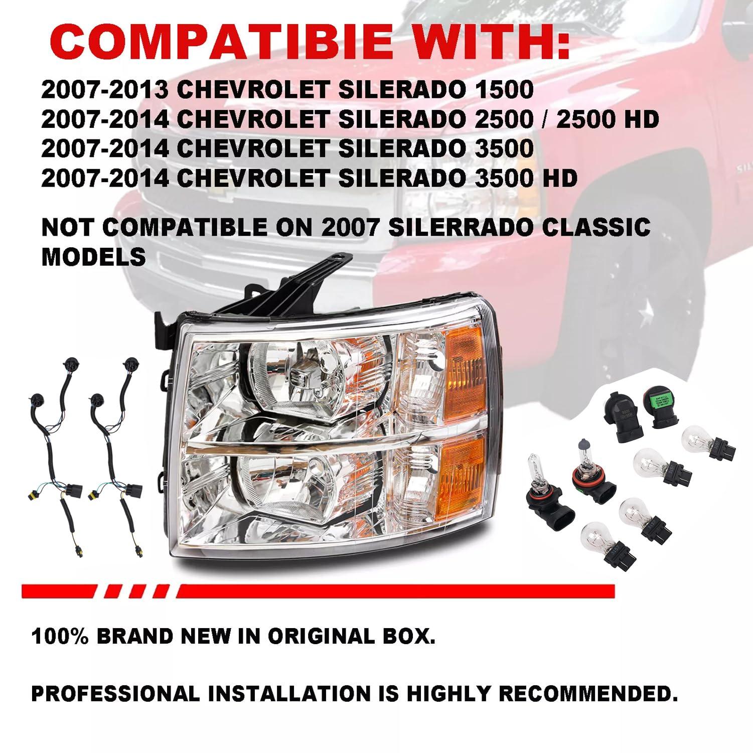 Aresparts Headlights Assembly DOT Approved Compatible with 2007-2013 Silverado 1500/2007-2014 Silverado 2500 3500 & HD Models (Left+Right) Chrome Housing Amber Reflector + W/Bulbs ? Wiring Harness