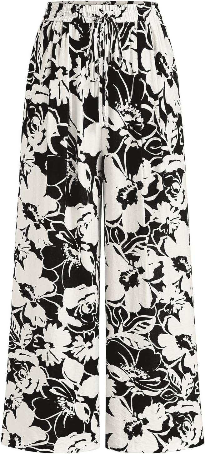 PRETTYGARDEN Womens Pants Elastic Waist Floral Lightweight Palazzo Pants for Women Casual Lounge Wide Leg Pants Woman