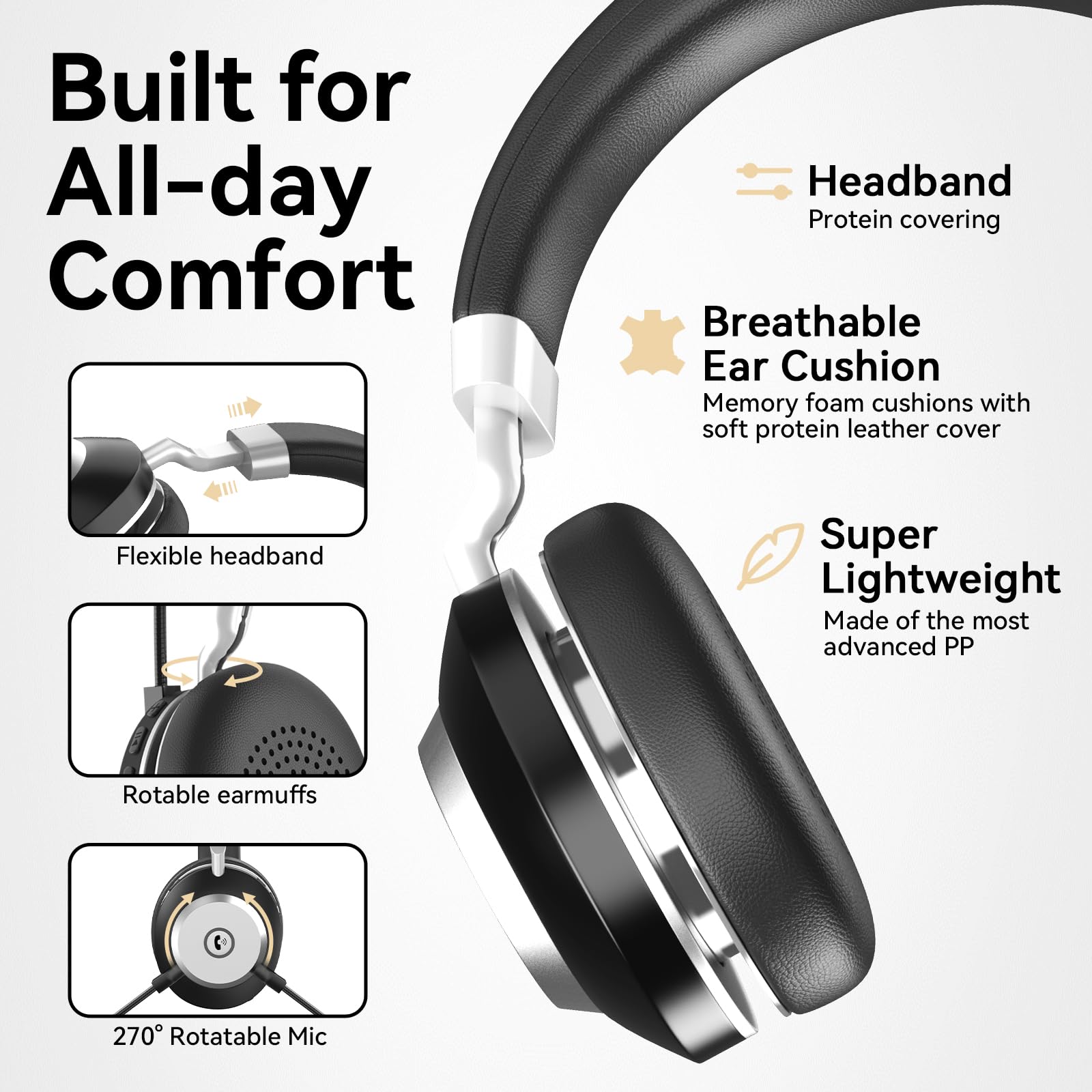 Wantek Casque sans fil Bluetooth avec microphone antibruit, casque supra-auriculaire pour PC, ordinateur portable, tablette, Teams, Zoom, Skype, double connexion