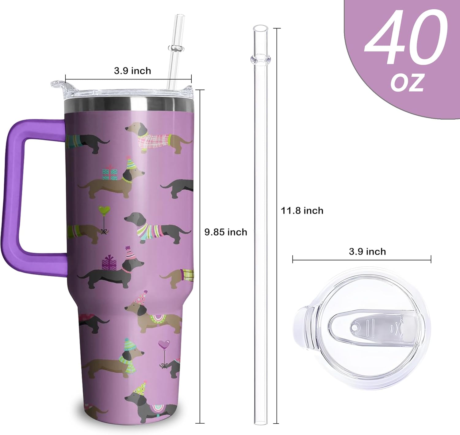 Purple Dachshund Tumbler with Handle and Straw, 40 oz Dog Stainless Steel Insulated Cup with Straw,Travel Coffee Mug Water Bottle, Birthday Christmas Mothers Day Gifts for Animal Lovers Women - Image 2