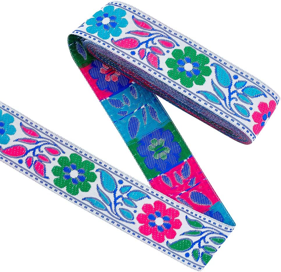 FINGERINSPIRE 7.7 Yard Colorful Flower Pattern Jacquard Ribbon 1.3 inch Wide Ethnic Style Embroidery Ribbons Bright Pink Blue Green Floral Woven Jacquard Band for Sewing Craft Decor(Non Elastic)