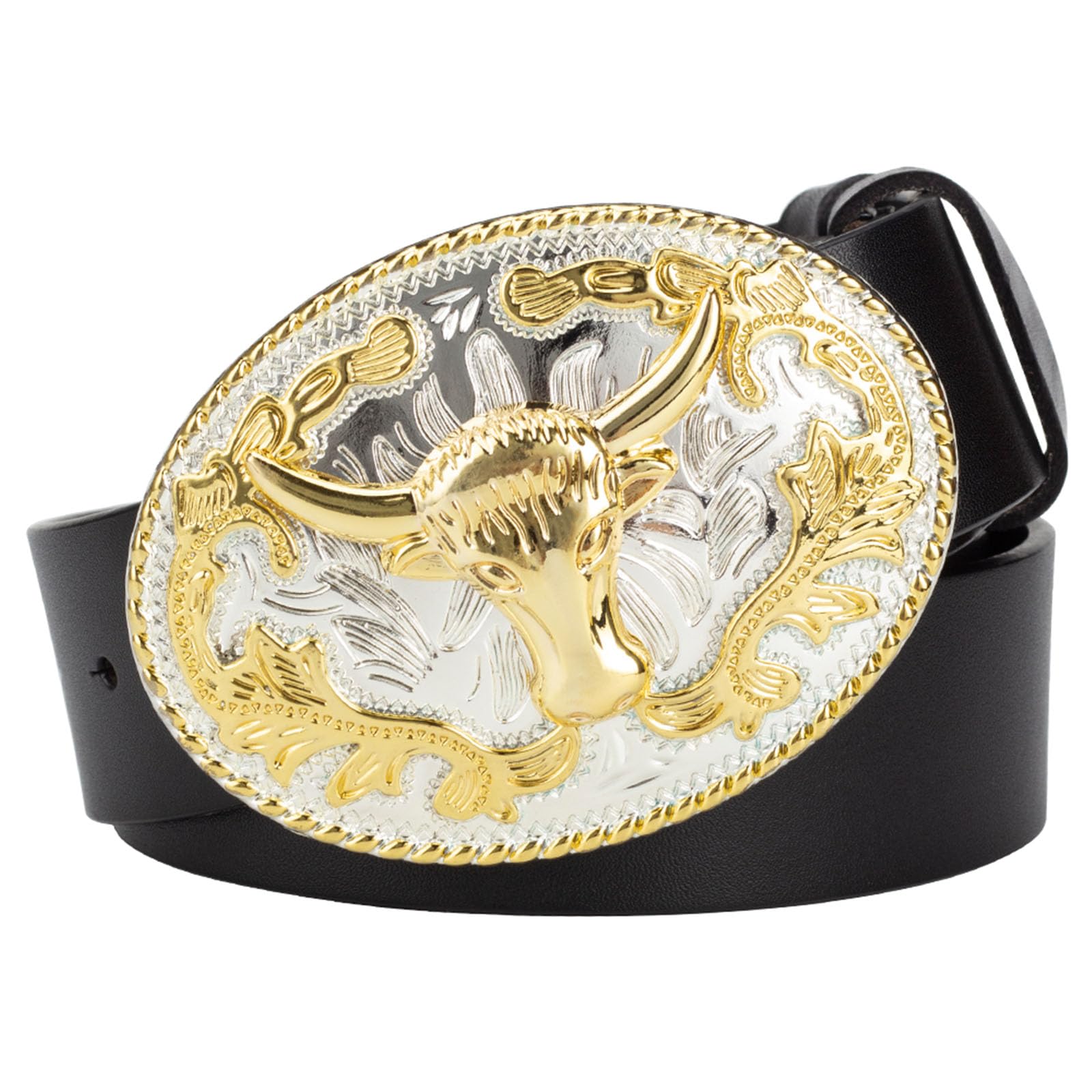 Wrjahcg Unisex Black Belt Men Bull Series, Western Cowboy Belts For Men Golden Bull, Leather Belt 3D Bull Head Animal Pattern Alloy Buckle Retro Belt,,100Cm/39.4''