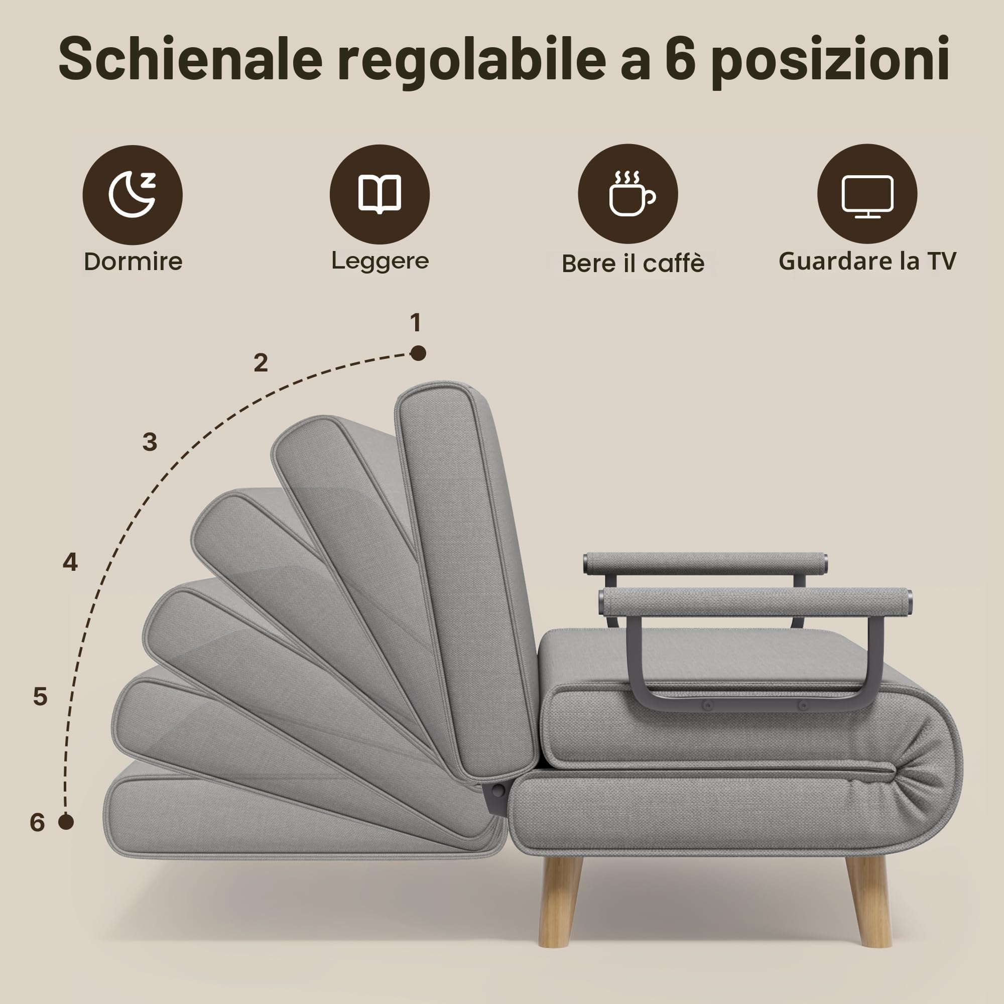 Xbro Divano letto a 2 posti con funzione letto, poltrona letto con schienale regolabile e 2 cuscini, poltrona con sonnolenza per piccolo appartamento (grigio chiaro)