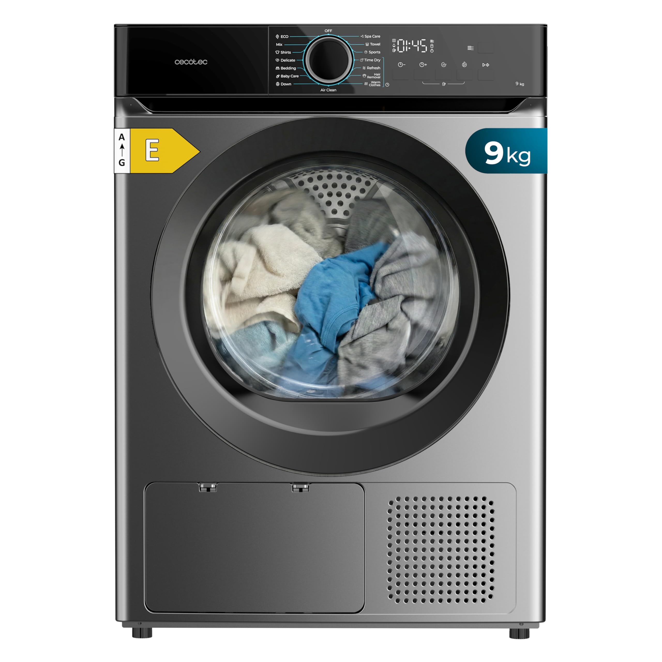 Cecotec Asciugatrice a Pompa di Calore 9Kg Bolero Dresscode Dry 9180 Steel.650W, Classe E(A++), 15 Programmi, 3 Livelli Asciugatura, SpaCare, Antipiega, Accessorio Scarpe, Steel, Risparmio Energetico