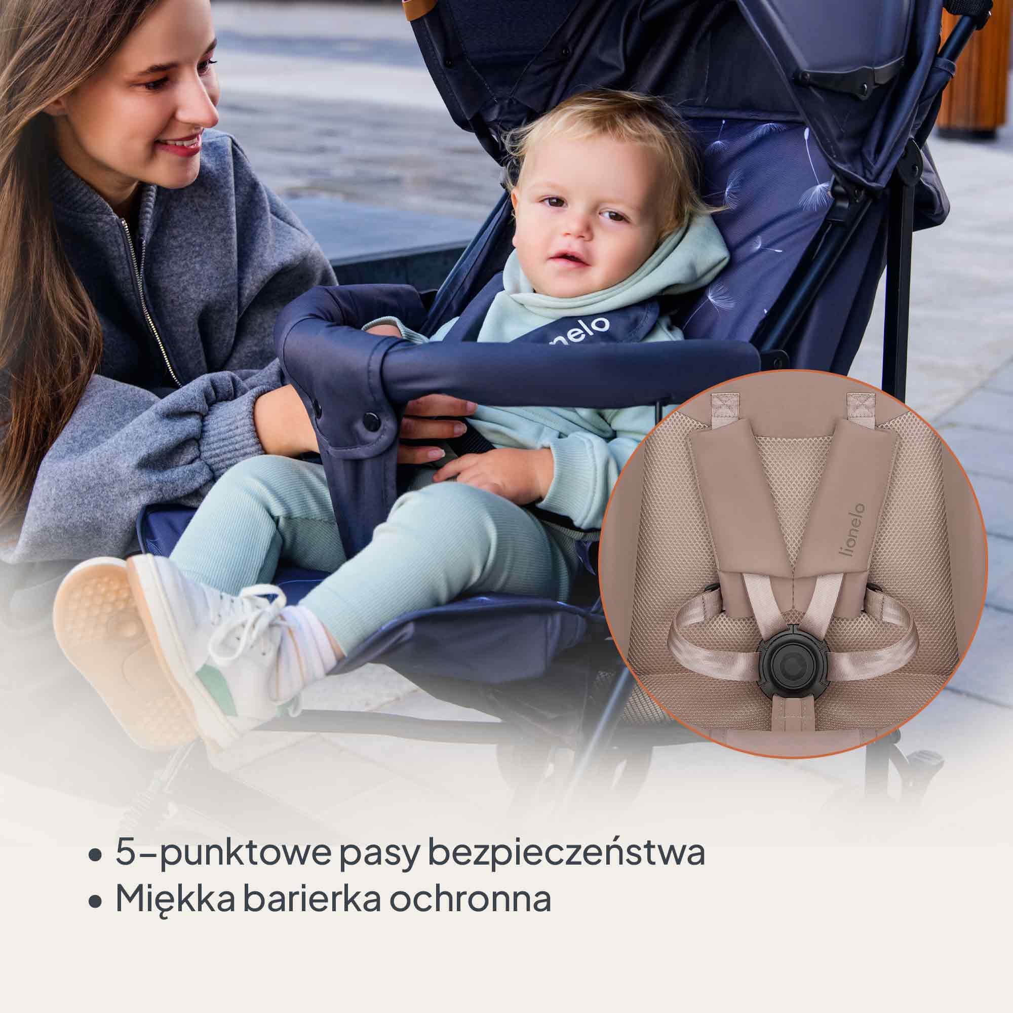 LIONELO Elia Buggy mały, składany wózek dziecięcy, do 15 kg, regulacja oparcia i podnóżka, hamulec tylnego koła, moskitiera, ogrzewacz nóg, kosz na zakupy