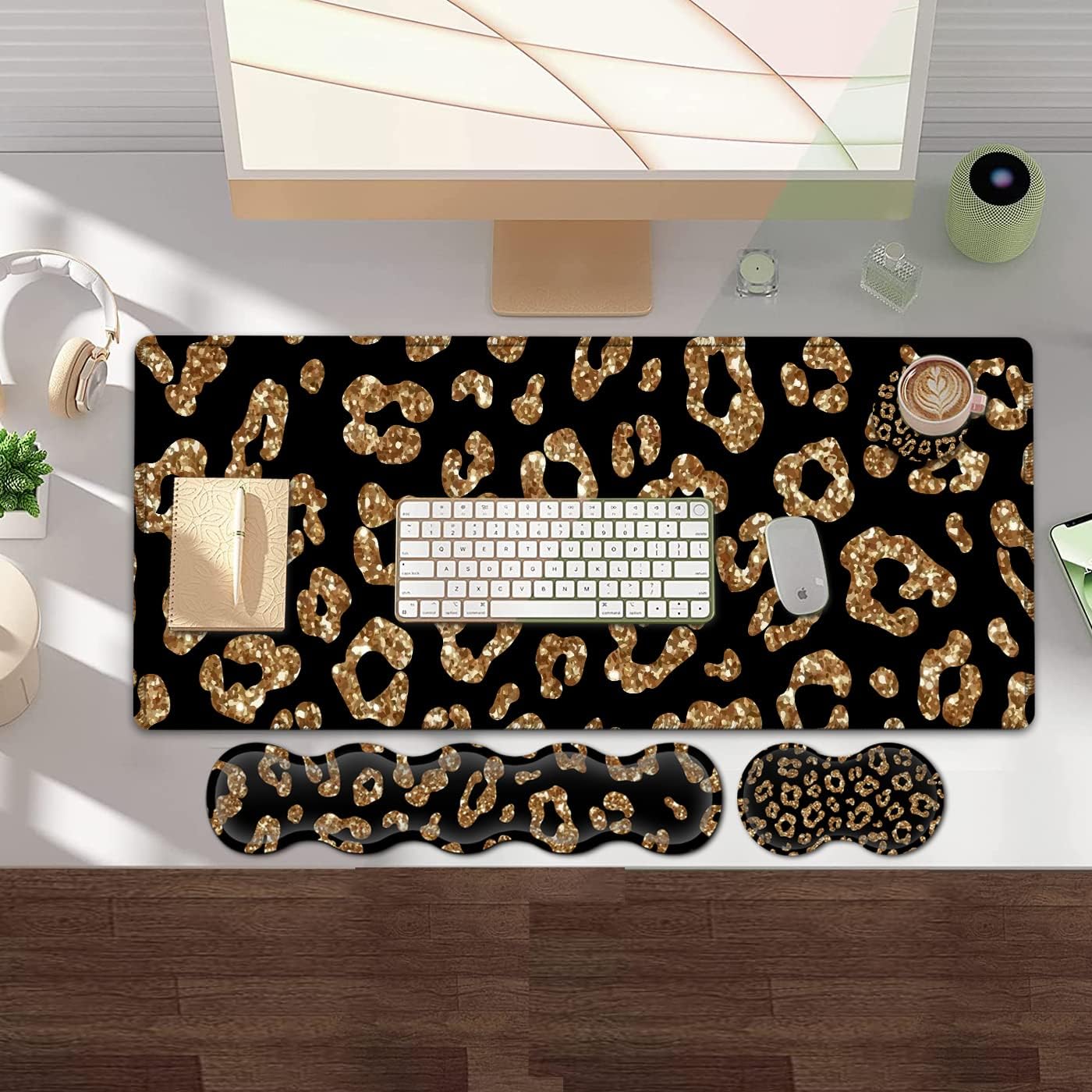 Gaming Mouse Pad and Keyboard Wrist Rest, Large Extended Mouse Pad 31.5X 11.8,Ergonomic Memory Foam Wrist Rest +Desk Mat Protector,for Office/Home Writing Pad, Gold Glitter Leopard Black Mousepad