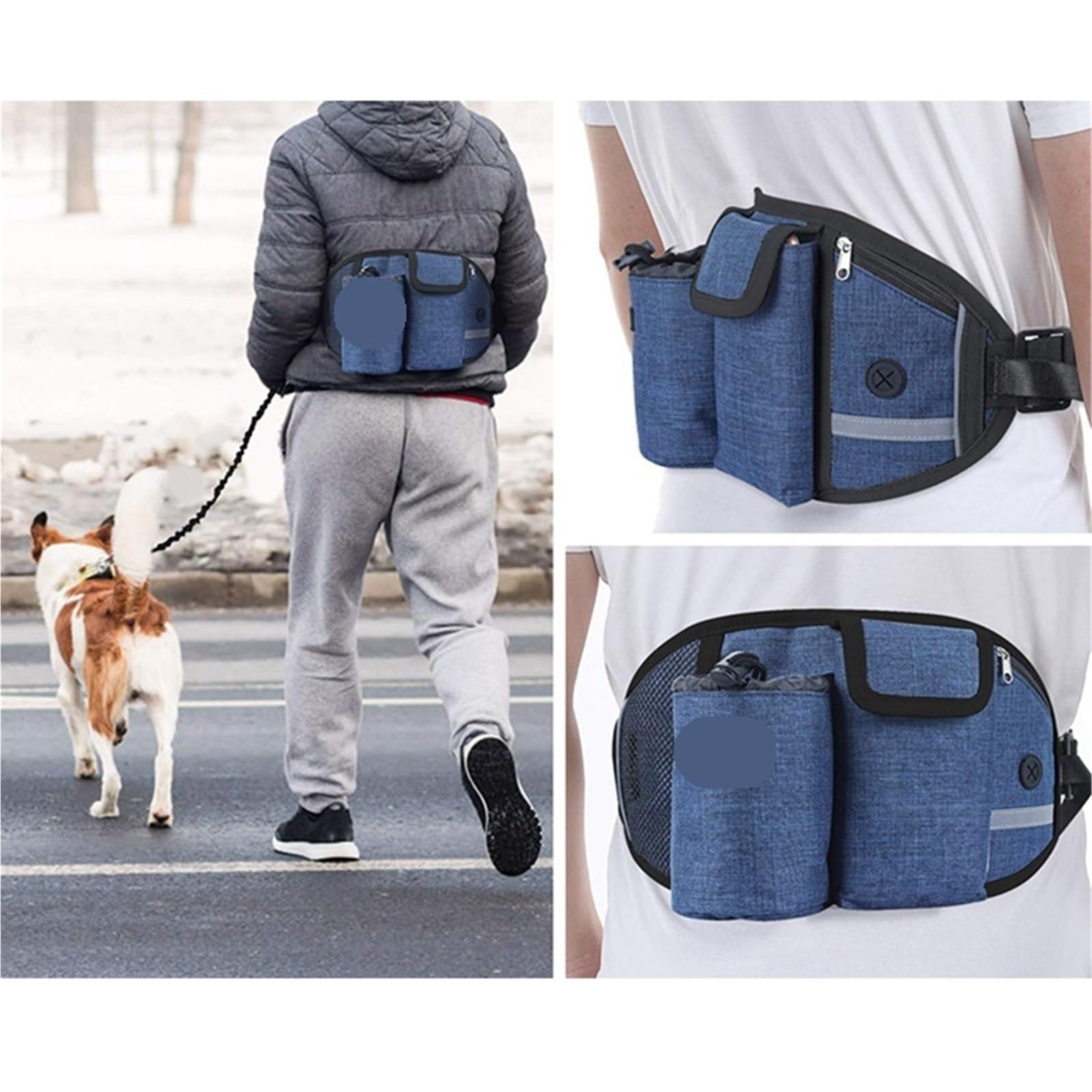 Joggingleine Hunde Hundespaziertaschen Training Haustier Leckerli Tasche Pack Freihändiger Hundegürtel Hundezubehör(Blue Set)