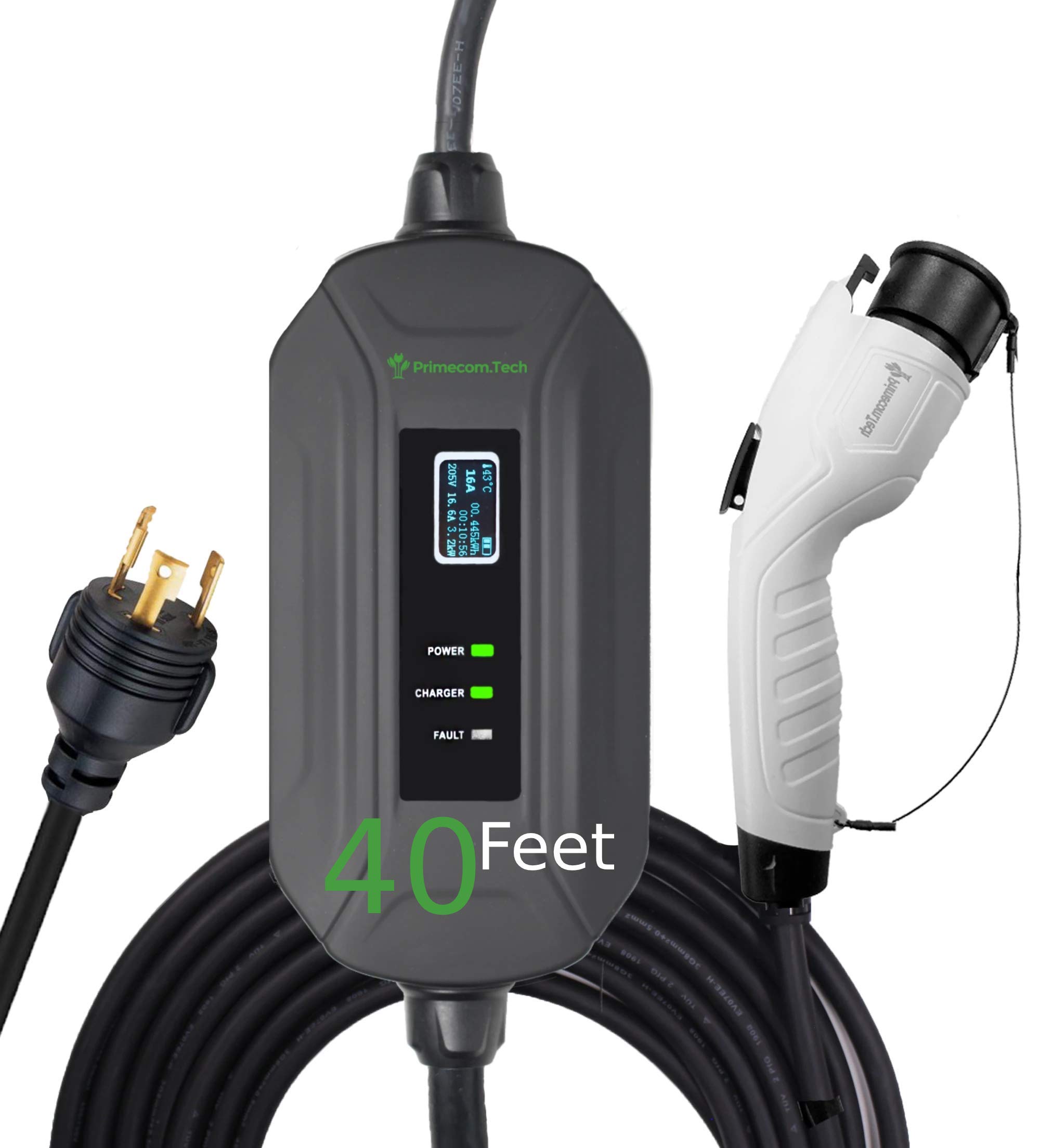 PRIMECOM Level 2 Electric Vehicle (EV) Charger (220V / 240Volt, 16Amp) Portable EVSE Smart Electric Car Charger, 30', 40', and 50 Feet Lengths (NEMA L6-30P, 40 Feet)
