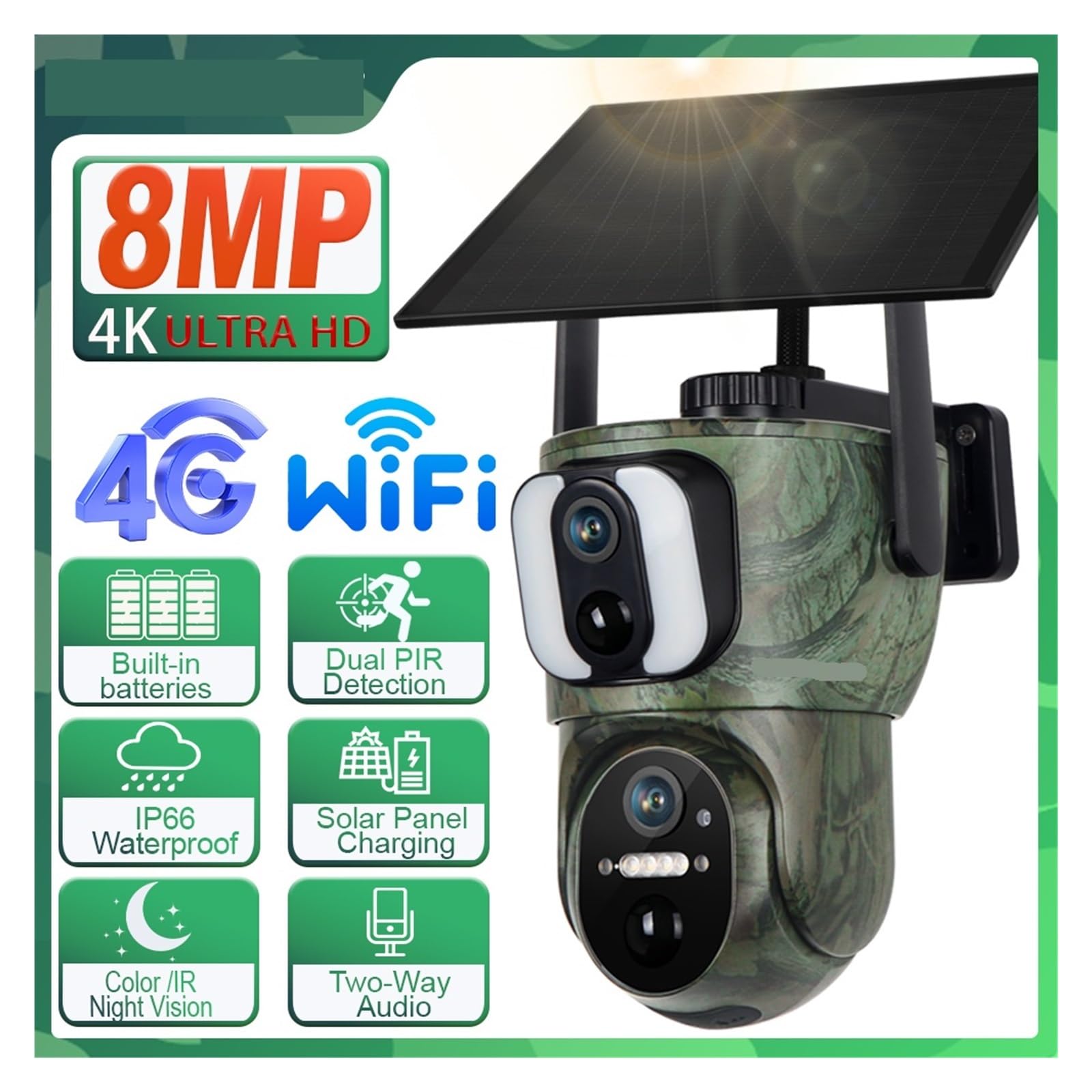 Cámara Solar 4K 4G/WiFi cámara de rastreo de Pantalla Dual detección PIR al Aire Libre visión Nocturna cámara de Monitor de Caza de Vida Salvaje(4G CAM Add 128G)