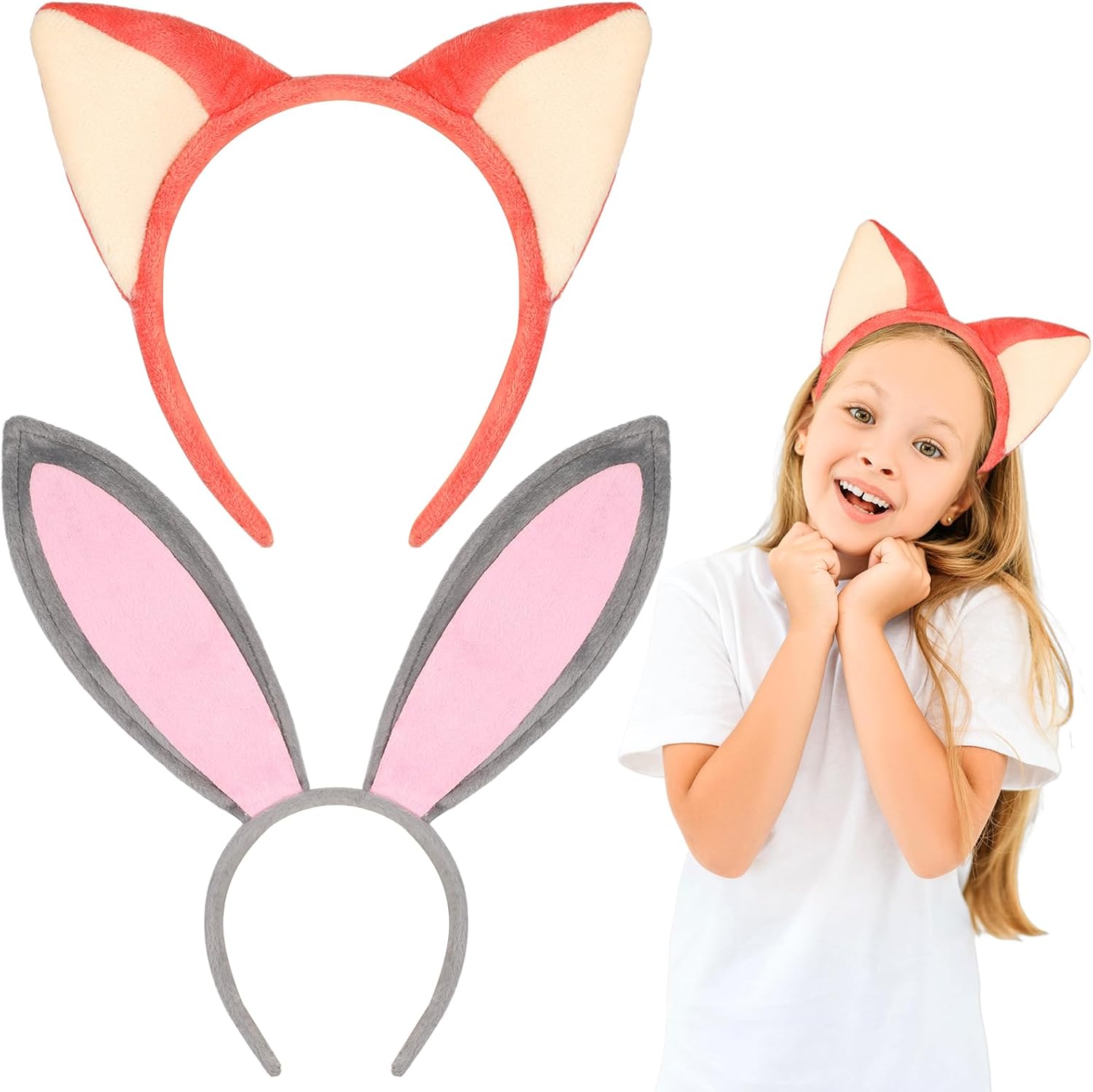 2Pcs Fox and Rabbit Ears Headband Set Cute Plush Animal Ears Headband for Women Men Bunny Fox Costume Adult Headwear for Halloween Cosplay Costume Accessories Fancy Dress Party Favors Gifts