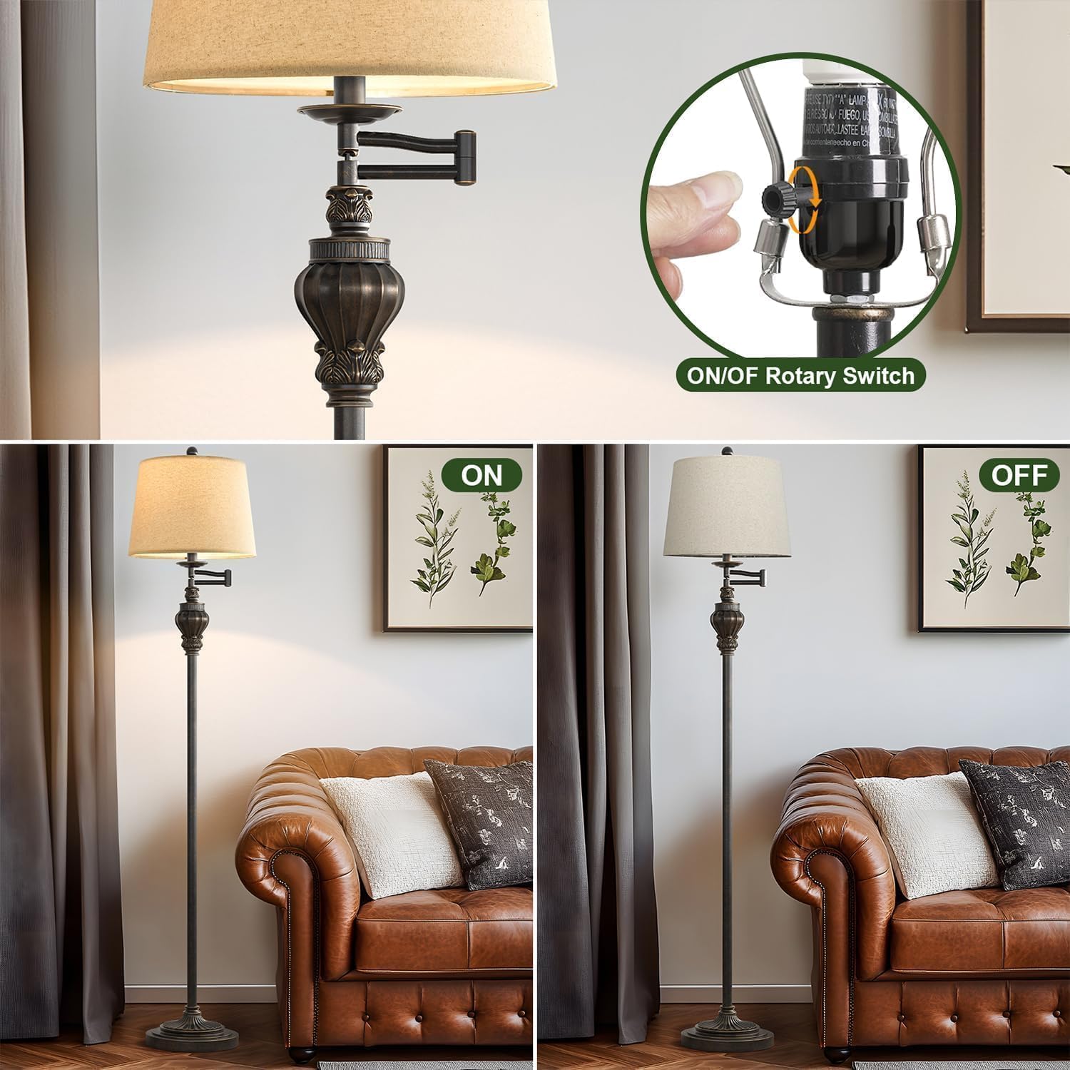 61" Vintage Floor Lamp with 350° Adjustable Swing Arm, Standing Lamp for Bedroom Living Room Bedside Nightstand Retro Farmhouse Mid Century Lamp Light Home Décor Office Gifts