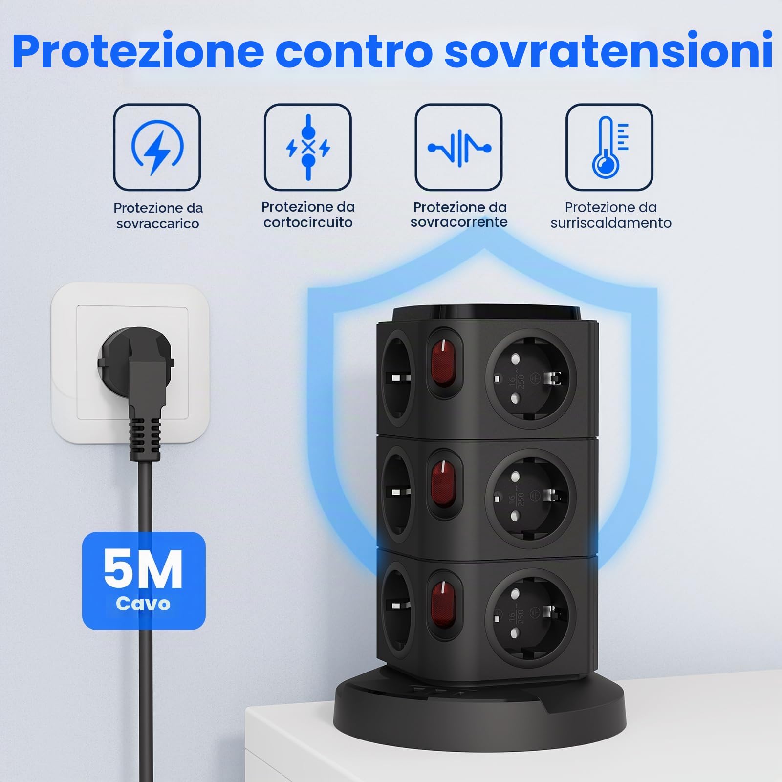 Ciabatta Elettrica Multipresa con 12 Prese, Torretta Multipresa Verticale da Scrivania, 2 USB A, 1 USB C Protezione Sovratensione con 4 Interruttori Indipendenti, Presa Multipla Cavo di Prolunga da 5M