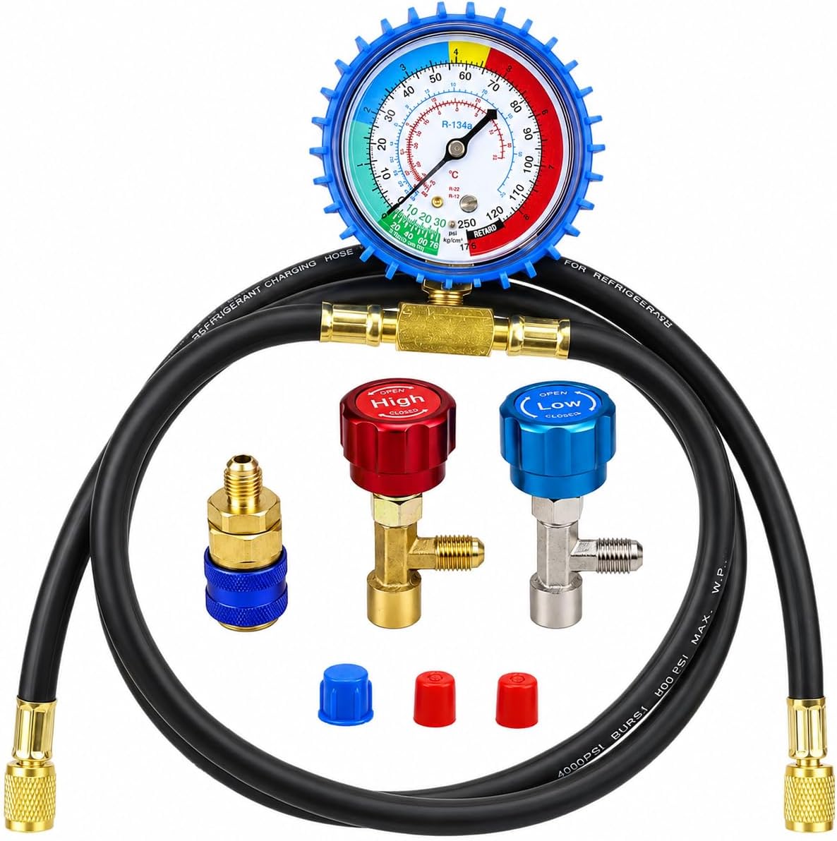 R134A Refrigerant Recharge kit with AC Manifold Gauge, 59in 800PSI Charge Hose,Copper Piercing & Self-Sealing Can Taps,134A Low Side Quick Coupler for Car Freon Charging