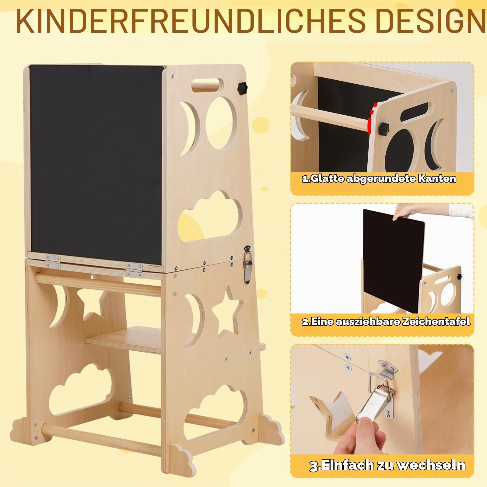 Montessori Lernturm für Kinder, 3 in 1 Learning Tower für Kinder Lernturm Klappbar Tritthocker mit Tafel, Küchenhocker-Helfer für Kinder, für Küchentisch und Badezimmer