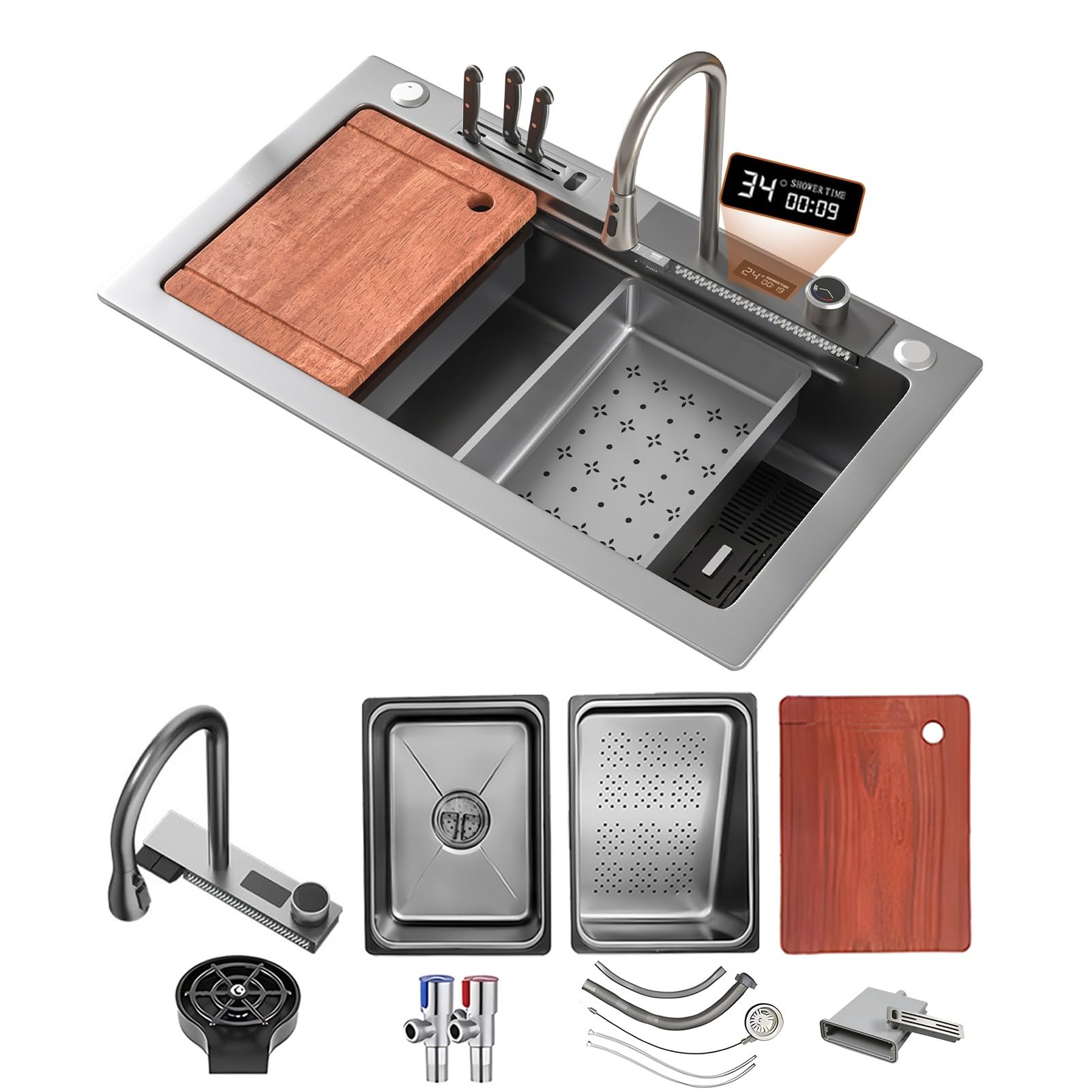 ZQFHSX Stainless Steel Waterfall Kitchen Sink Combo With Pull-Out Faucet Nano-Coated Topmount Single Bowl Workstation Accessories, Pressure Pot Washer, Cutting Board, Draining Basket(Grigio,75x45cm