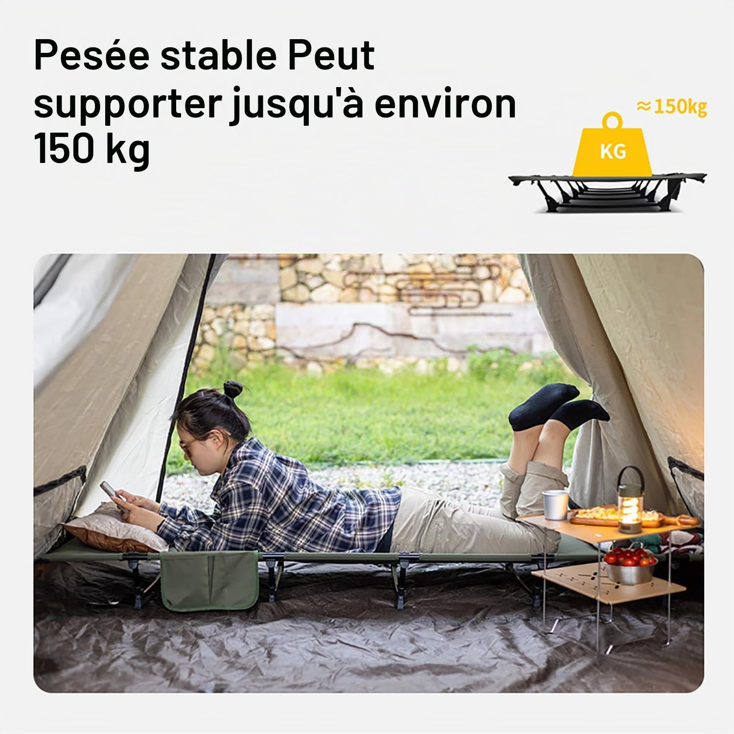 Lit de Camp Pliable,192 x 65 cm Chaise Longue de Camping Compacte et Portable Facile à Construire Lit de Camping Résistant Tentes,Les Randonnées en Plein Air, Charge Maximale 150kg, Vert Foncé