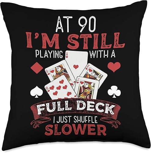 Full House Card 90th Birthday 90 Year Old Full House Hand - Almohada para tarjetas de cumpleaños 90 años 18 x 18 pulgadas multicolor