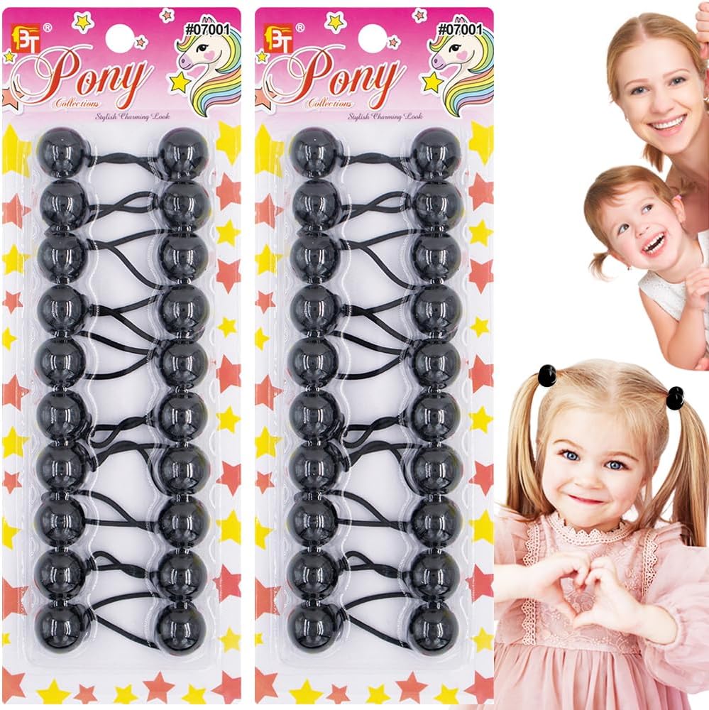 Beauty Town 20PCS Bubble Ponytail Holders – 20mm Twin Bead Hair Ties for Girls & Kids – Colorful Elastic Hair Accessories for Braids & Pigtails (Black)