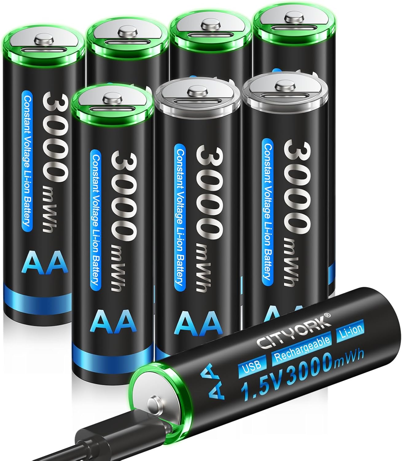 CITYORK Rechargeable Lithium AA 3000mWh Batteries 8 Pack, 1.5V USB Rechargeable Double A Battery with USB-C Cable, 2H Fast Charge,1200 Cycles