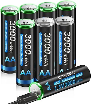 CITYORK Rechargeable Lithium AA 3000mWh Batteries 8 Pack, 1.5V USB Rechargeable Double A Battery