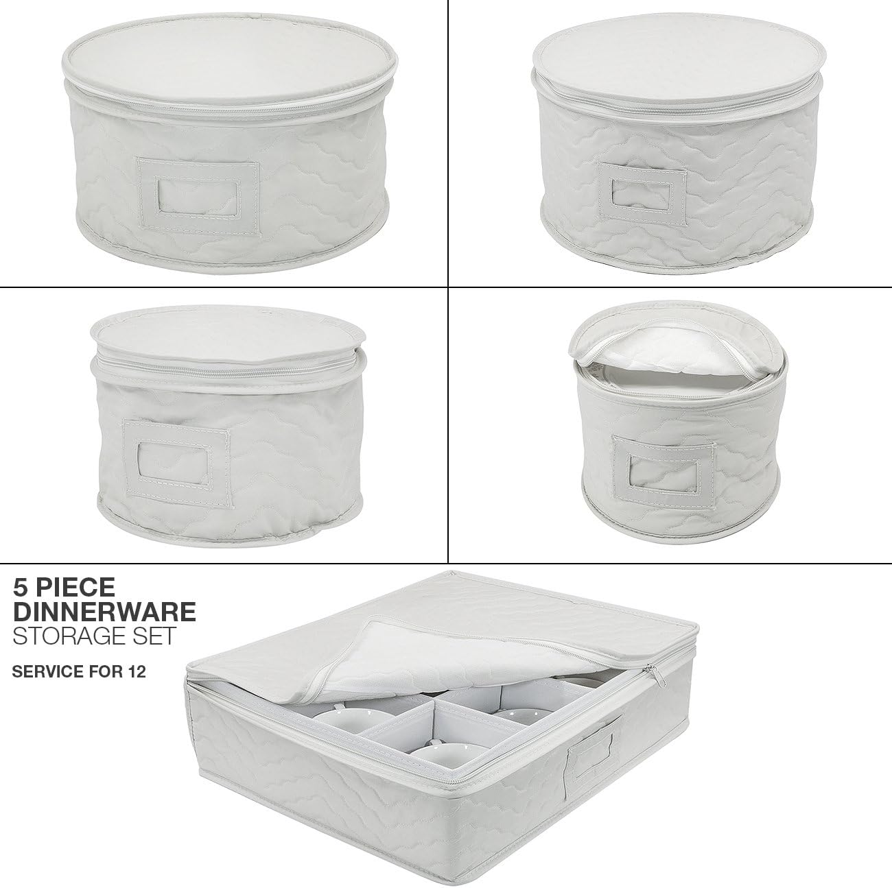 Sorbus Dinnerware Storage 5-Piece Set for Protecting or Transporting Dinnerware — Service for 12 — Round Plate and Cup Quilted Protection, Felt Protectors for Plates, Fine China Case (Beige)