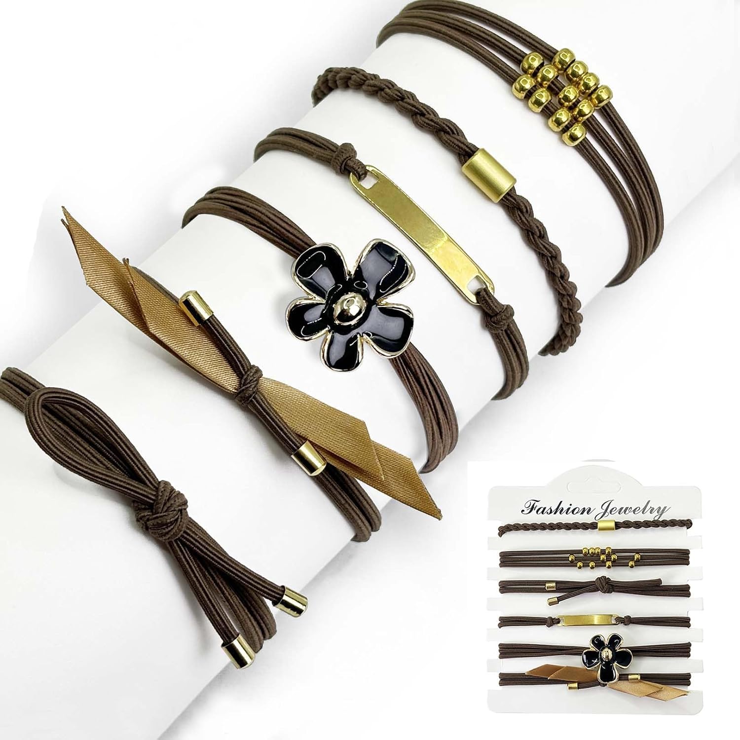 Brown Elastic Hair Tie Bracelets for Women, Cute Boho Ponytail Holders Accessories Bands for Thick Curly Fine Thin Hair,Soft Pony Tails Tie Bracelet with Charms for Gifts,Christmas Stocking Stuffer