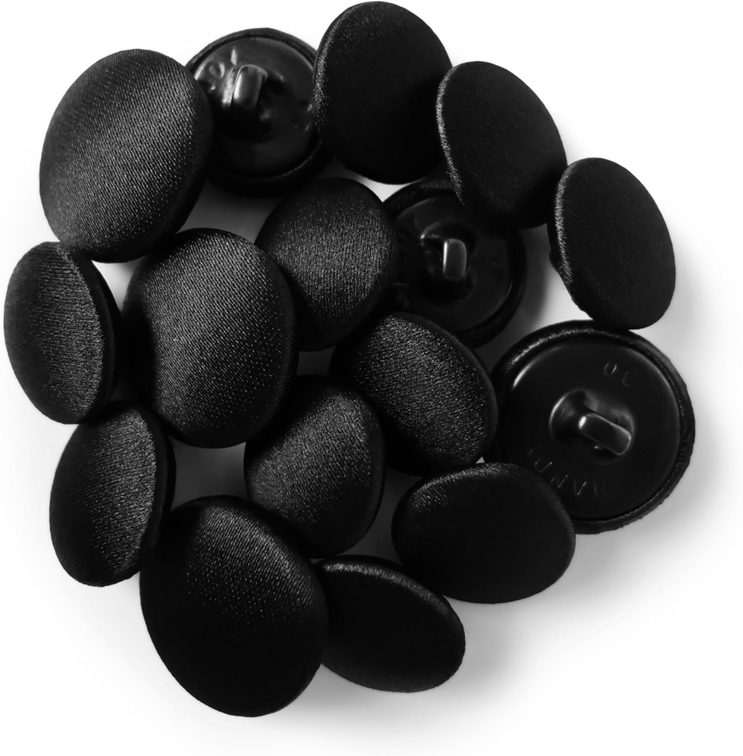 ButtonMode Designer Tuxedo Suit Buttons 15pc Formalwear Set for Jacket and Pants, Satin Front, Metal Loop Back, American Handmade, 4pcs x 19mm/30L/0.75" & 12pcs x 15mm/24L/0.60", Black Satin Premium