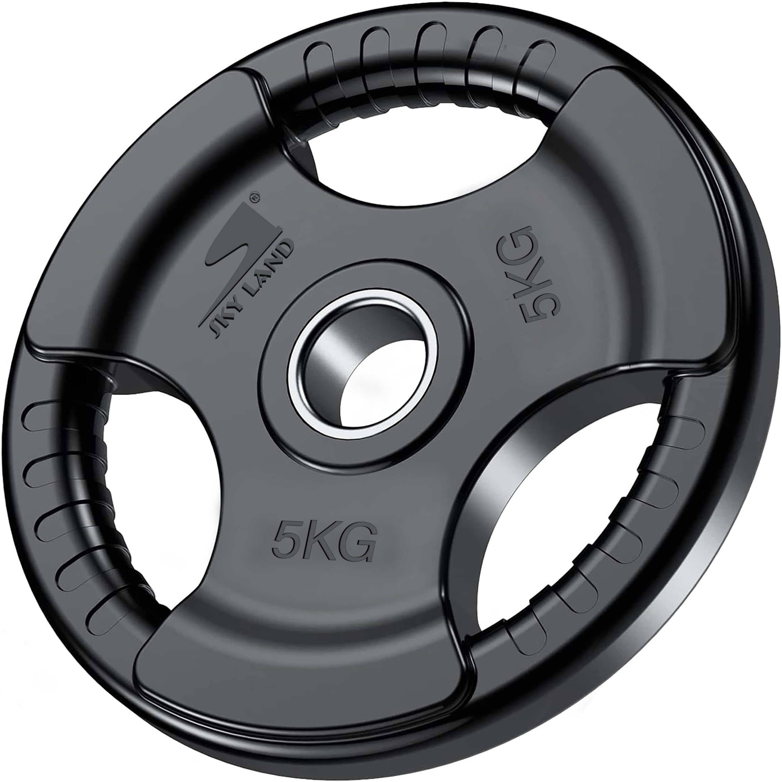 SKY LAND Olympic Weight Plates with Rubber Finish 2’’ Opening and Tri-Grips, Black Barbell Plates Discs in Single for Lifting and Strength Training, Solid Cast Iron Core Weights, 5kg EM-9264-5