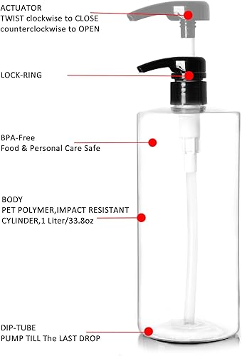 Miniatura 4 de Youngever Paquete de 4 botellas de bomba para champú de 32 onzas (1 litro), botellas vacías de champú, cilindro de plástico con bombas a prueba de