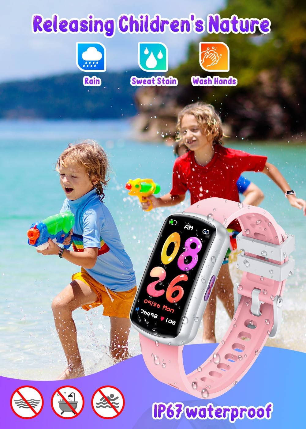 Reloj Inteligente Niños Smartwatch con Deportivo: 1.47″ TFT Pantalla Táctil Smart Watch Niña Impermeable IP67 Smartwatch Chico con SpO2 Presión Arterial Sueño Monitorización 200mAh para Android iOS 7