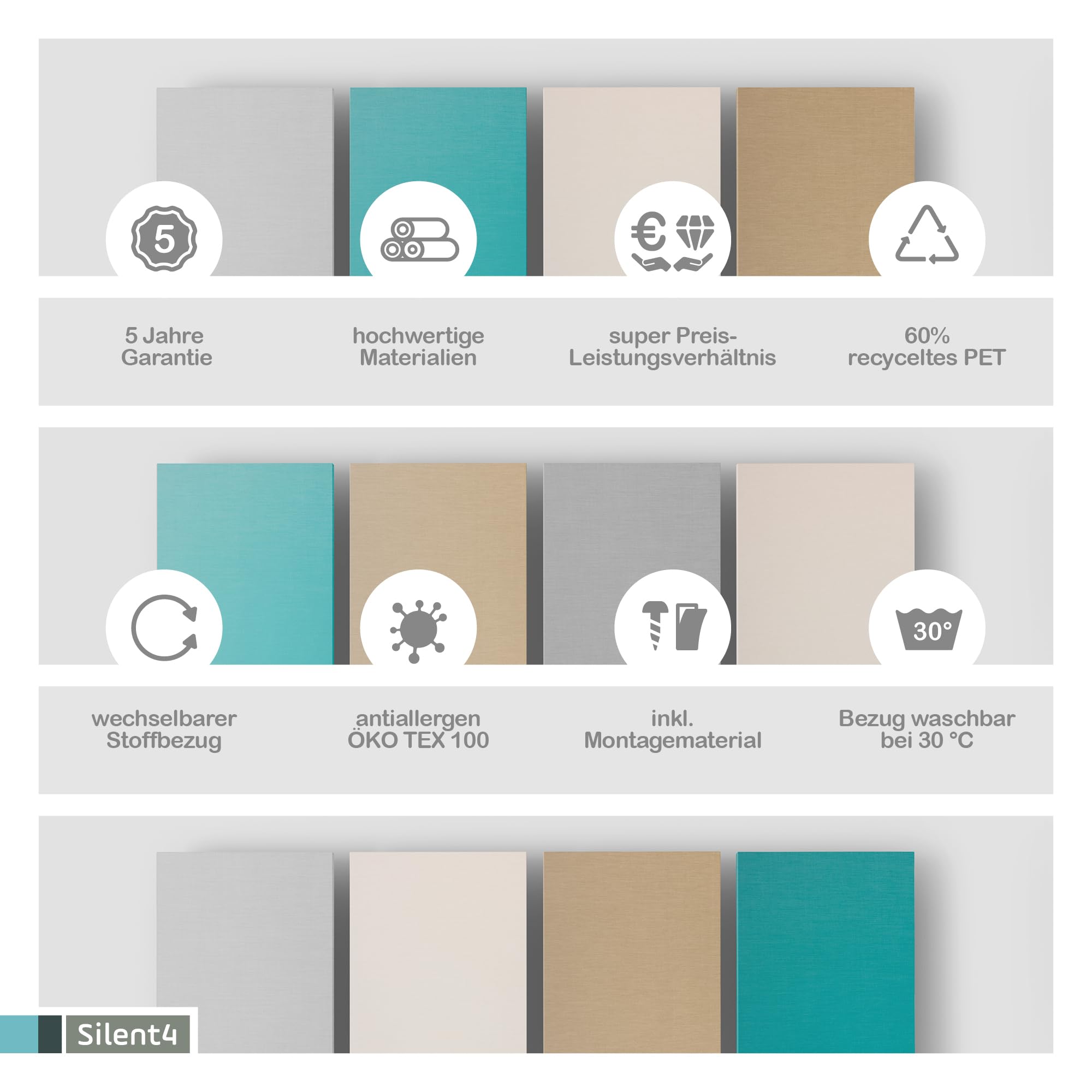 SILENT4® Schallabsorber Wand 4er Set à 114x72x5cm für Räume bis 20m² Akustikbild Akustikpaneele aus Akustikvlies mit Stoffbezug, Klettverschluss- & Schraubmontage, messbar verbesserte Raumakustik