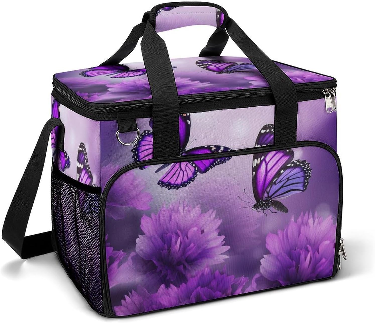 Large Capacity Oxford Cloth Purple Flower Butterflies Printed Camping Ice Bag, Outdoor Portable Insulation and Cooling Bag, Suitable for Outdoor Camping and Picnics