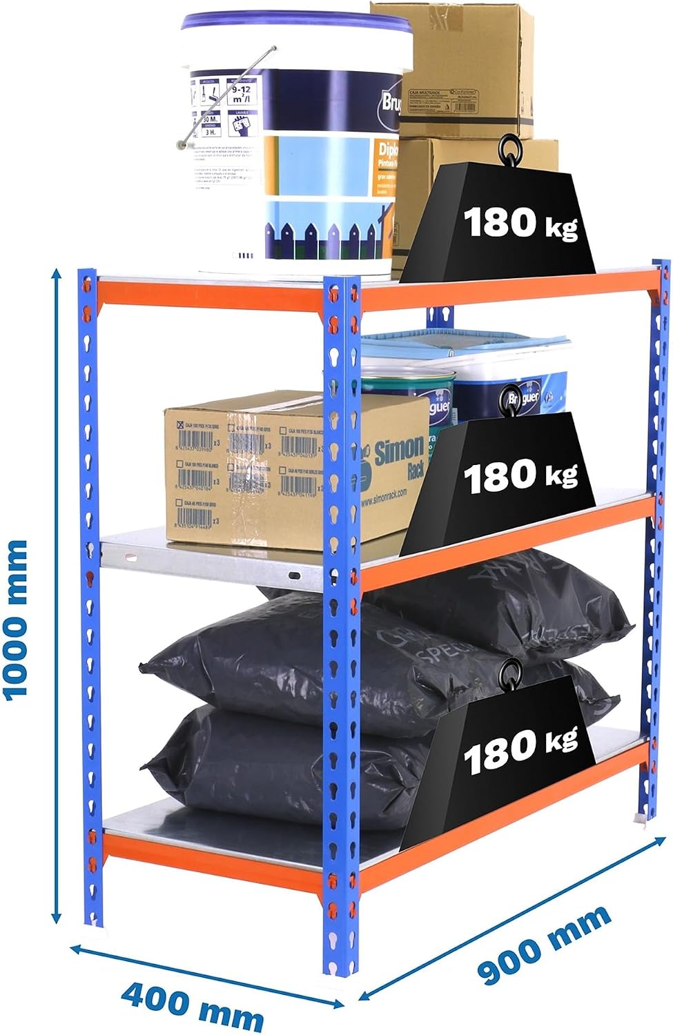 Simon Rack Metal Shelf, 1000x900x400mm, 3 Metal Shelves, 180 kg Flex Point, Storage Shelves, Blue/Orange/Galva - Simonclick