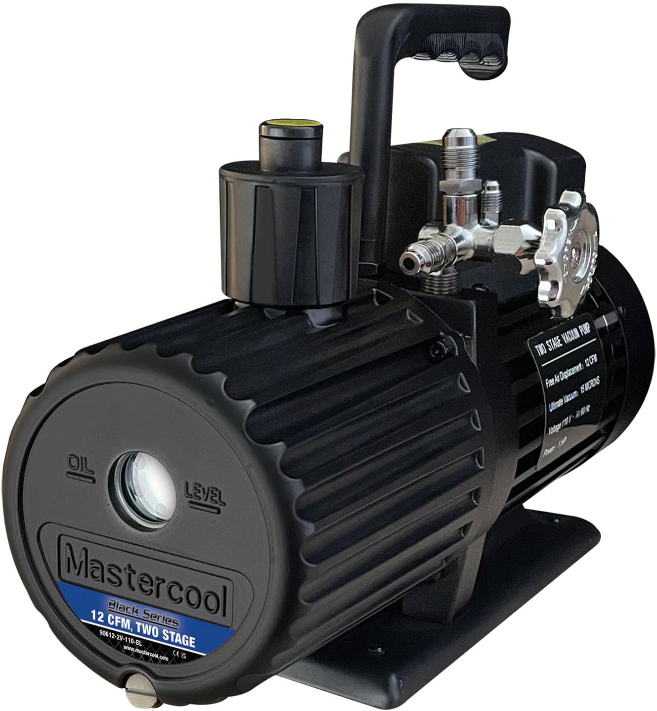 Mastercool 90612-2V-110-BL Black Series 12 CFM Two Stage Vacuum Pump with Thermally Protected Motor, Dual Voltage 110/220V, High-Volume Fan, and Oil Drain Valve