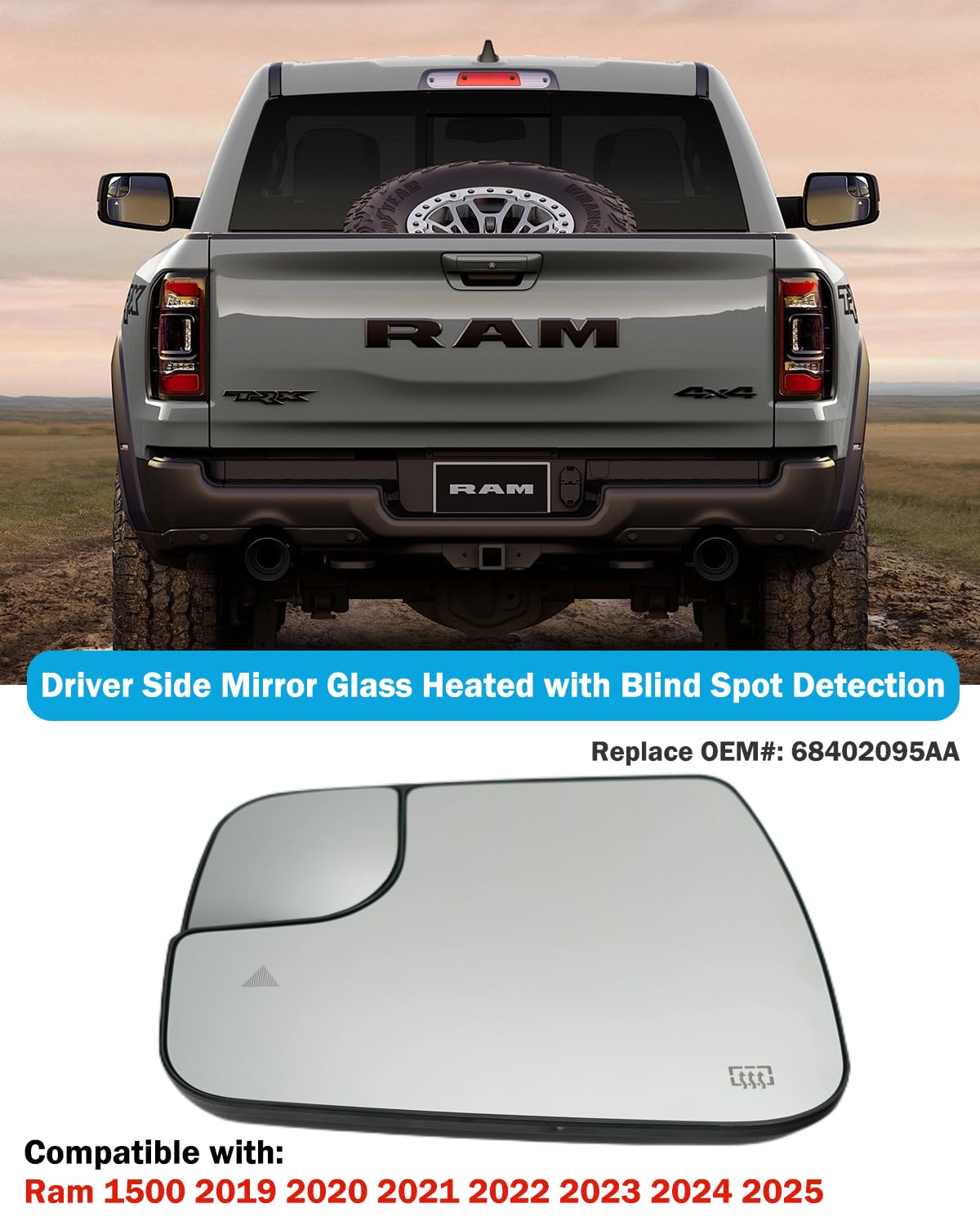 SKINII Retrovisore per Dodge per RAM 1500 2500 per DT 68402037AA 68402093AA 68402095AA Auto Blind Spot Riscaldato Lato Esterno Specchietto Vetro Specchio (Colore : Giusto