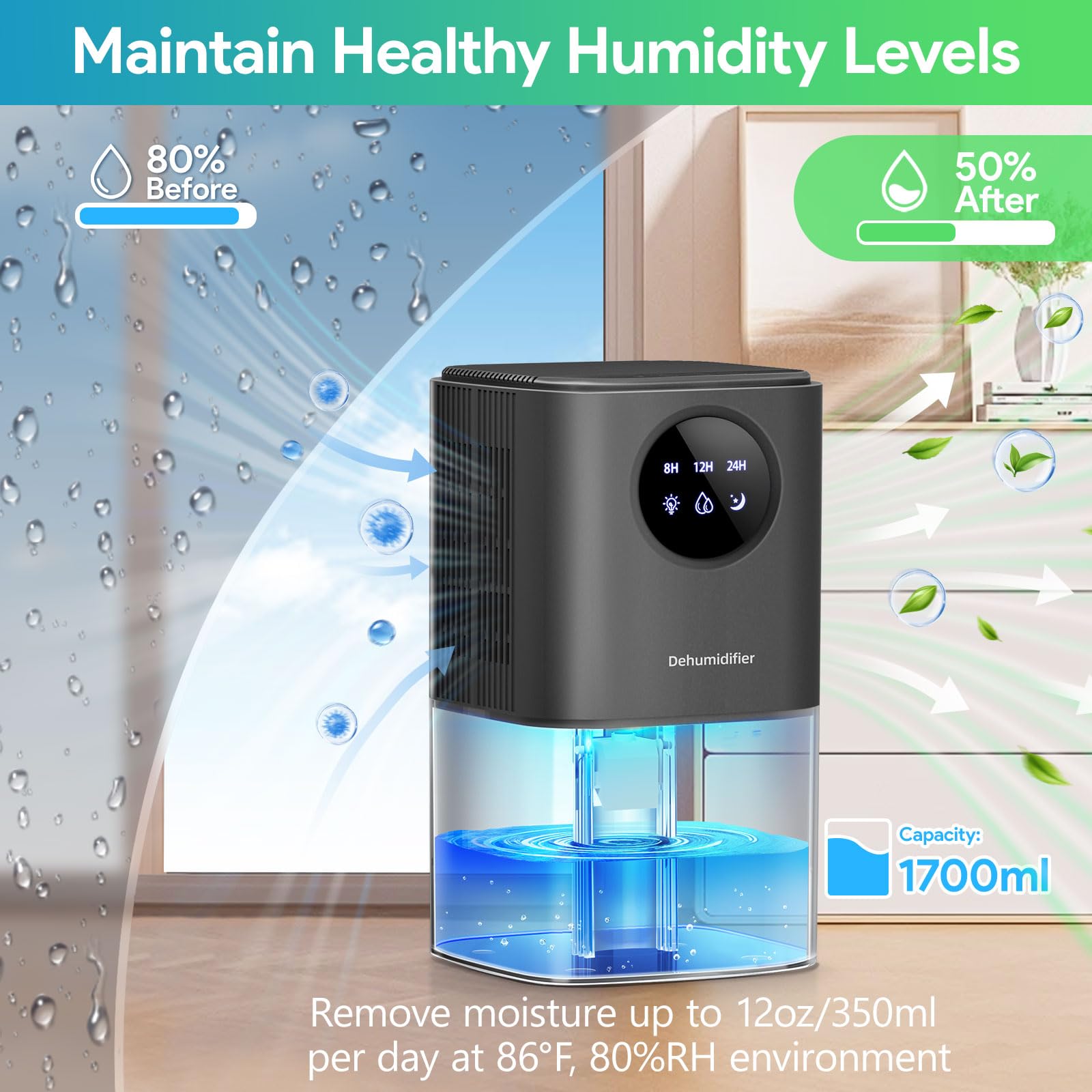 Deshumidificador Silencioso Bajo Consumo, 1.7L Deshumificador-Gris