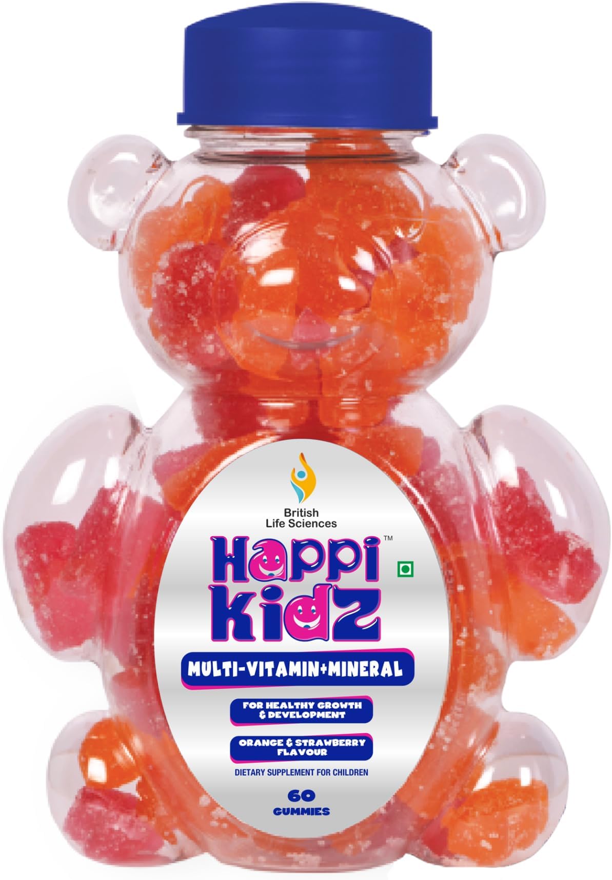 BRITISH LIFE SCIENCES PVT LTD ; Nutrition For A Healthy Beginning - Happi Kidz Multivitamin Gummies For Kids - (60 Count) - Vitamin A,D,E,B & C with 16 Other Nutrients & Minerals- Orange & Strawberry