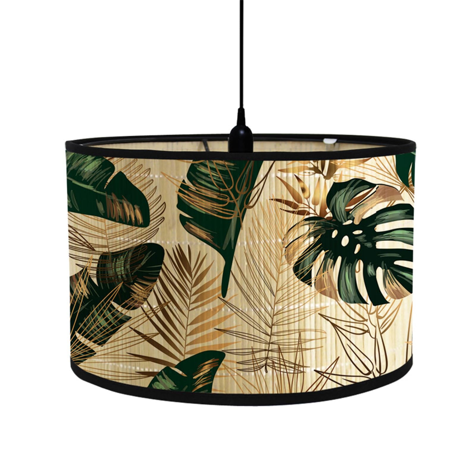 FANSU Paralume A Tamburo In Bambù E Lino Per Lampadario O Lampada Da Tavolo - E27 - 30x20 Cm - Motivo Foglia Di Banana